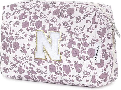 Narwey Birthday Gifts for Teen Girls Kids Women Personalized Initial Floral Makeup Bag Cute Cosmetic Trendy Stuff 6 8 10 11 12 13 14 16 18 Years Old Travel Toiletry Bag (Little Dusty Pink Flower N)