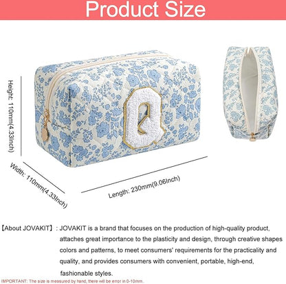 JOVAKIT Alphabet Makeup Bag Cosmetic Bag for Women, Christmas Gifts for Girls Age 6-18, Floral Flowers Coquette Travel Toiletry Zipper Make Up Pouch Organizer Trendy Stuff (Blue Floral Q)