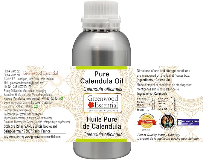 Greenwood Essential Pure Calendula Oil (Calendula officinalis) Premium Therapeutic Grade for Hair, Skin & Aromatherapy 630ml (21.3 oz)