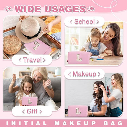 Small Personalized Initial A-Z Patch Makeup Bag,Pink Cute PU Leather Glitter Letter Cosmetic Bag for Teen Girls,Travel Toiletry Bag with Zipper,Preppy Monogrammed Birthday Gift for Daughter Niece L