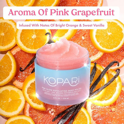 Kopari Pink Glow Exfoliating Body Polish, AHA Vegan Body Scrub for Women, Gentle and Effective, Pink Haze, 8 oz