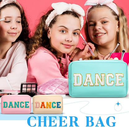 6 Pcs Dance Makeup Bag Cosmetic Bag with Chenille Letter Patches Waterproof Portable Cheerleader Toiletry Zipper Pouch for Girl Women Appreciation (Pastel Colors)