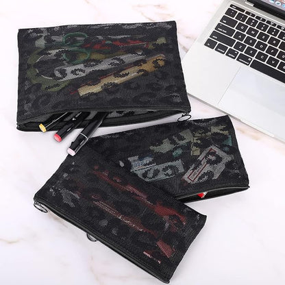 12 Pieces Zipper Nylon Mesh Pouch, Mesh Cosmetic Bags Makeup Bags Pencil Case, Multipurpose Travel Bags for Cosmetic School Office Supplies and Travel Accessories (Black Lace, A5)