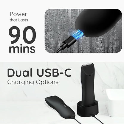 Body Hair & Pubic Hair Trimmer for Men | Waterproof, USB-C Rechargeable, LED Light, Replaceable Ceramic Blade, Electric Ball Shavers, Manscape Kit, Mens Personal Groomer (Black)