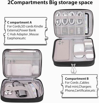 DDgro Travel Electronic Accessory Organizer for Keeping Cables Cords Chargers Phone Earphones SD Cards, Double Layers Storage Pouch Bag (Black, PU-Large)