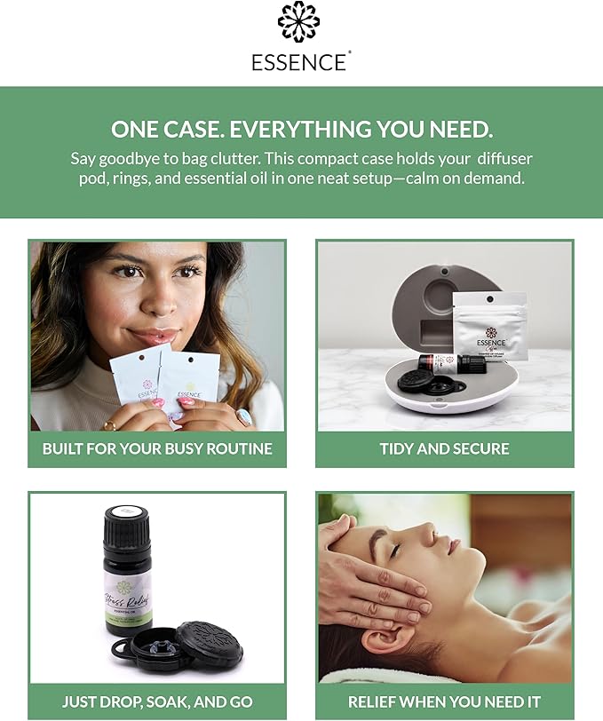 Essence Pearl Travel Case - Wearable Aromatherapy Kit with Nasal Diffuser Rings, Soaking Bay, and 5mL Essential Oil – Portable Wellness Gift Set for On?The?Go Self Care