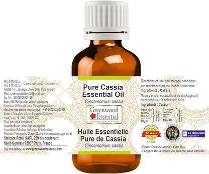 Greenwood Essential Cassia Essential Oil (Cinnamomum Cassia) Pure | Non-Sticky | Non-Greasy | Lightweight | Men & Women | All Skin Types | Steam Distilled 30ml (1 oz)