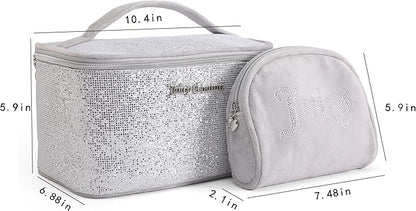 Juicy Couture Silver Makeup Bag Cosmetics Organizer Travel Essentials Train Case Coin Purse Glitter Rhinestone Velour