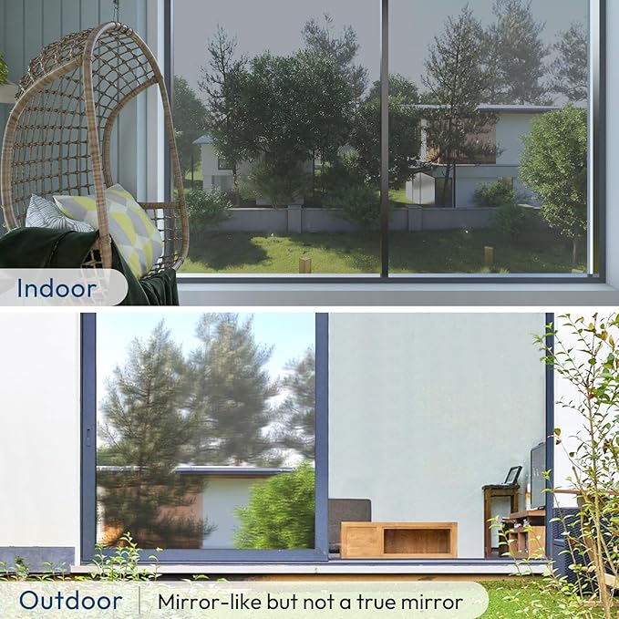 rabbitgoo Window Privacy Film One Way Window Tint for Home, Removable Reflective Heat Sun Blocking Anti UV Glass Door Covering, Mirror Tinting Film House Office, 23.6 in X 13.1 Feet, Silver