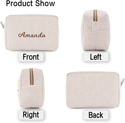 MT WORLD Cosmetic Bag Personalized Makeup Bag for Women Girls Seersucker Preppy Bridesmaid Makeup Bag Cute Aesthetic Toiletry Bag Girls Handbags Purses (Brown)