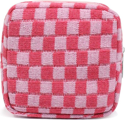 Small Pink Makeup Bag for Purse, Mini Checkered Cosmetic Bag Zipper Cute Make Up Pouch Travel Toiletry Case Quilted Aesthetic Accessories Makeup Storage Bag Organizer for Women Girls