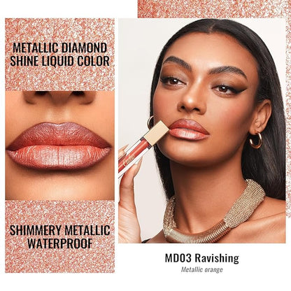 Oulac Orange Metallic Lipstick for Women, Lips & Eyeshadow 2 IN 1, Long Lasting Waterproof Lip Gloss, High Impact Lip Color, Oil-Based Formula, Vegan, MD03