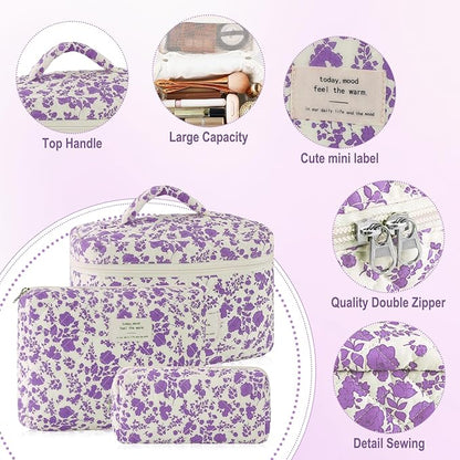 3Pcs Cotton Quilted Makeup Bag for Women Girls Large Small Travel Portable Cosmetic Bag Set Cute Purple Floral Zipper Make Up Pouch Coquette Aesthetic Storage Toiletry Organizer Case