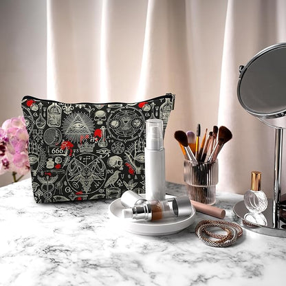 Nogrit Gothic Black Makeup Bag, Halloween Gifts for Women, Retro Small Cosmetic Bag for Purse, PU