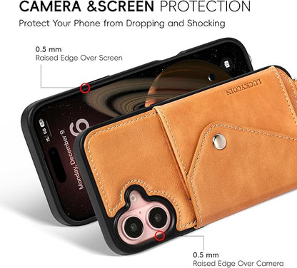 LUCKYCOIN Crossbody Wallet Phone Case for iPhone 16 Plus,100% Genuine Leather Wallet Phone Case with Expandable Flip Card Holder,Phone Purse for Women with Adjustable Removable Strap - Brown