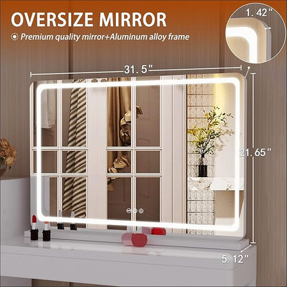 Hasipu Vanity Mirror with Lights, 31.5" x 22" LED Makeup Mirror, Lighted Makeup Mirror with Dimmable 3 Modes, Touch Screen Control Vanity Mirror Round White