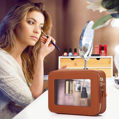 Pinkmik Clear Makeup Bag Waterproof Travel Case for Cosmetics and Toiletries Women's Purse Organizer and Clear Car Bag with Zipper (X/Brown, L+M+MINI)