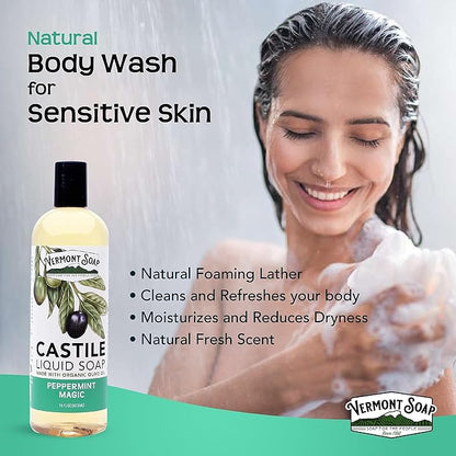 Vermont Castile Soap Peppermint, Gentle Liquid Soap for Sensitive Skin & Natural Body Wash, Organic Hair Shampoo for Oily Hair, Aloe Castile Soap for Men & Women - 16 Oz