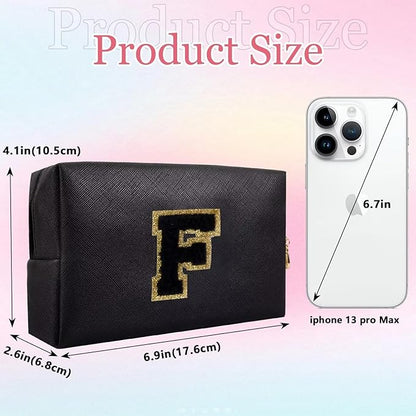 Small Personalized Letter Makeup Bag, Cute PU Leather Chenille Letters Cosmetic Bag Travel Makeup Pouch, Preppy Travel Organizer Zipper Pouch for Women&Girls（Black-F）