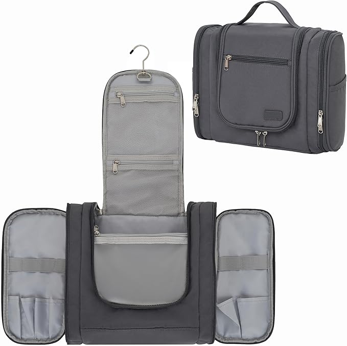 Hanging Toiletry Bag for Men, Travel Makeup with Metal Swivel Hook, Organizer for Full Sized Cosmetics and Toiletries, Water-Resistant Nylon, Grey