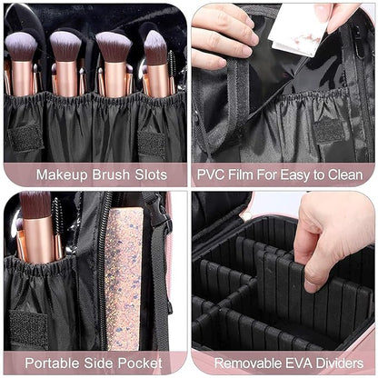 gzcz Travel Makeup Bag,Professional Cosmetic Bags for Women,Portable Makeup Brush Bag Organizer Storage with Adjustable Dividers and Shoulder Strap