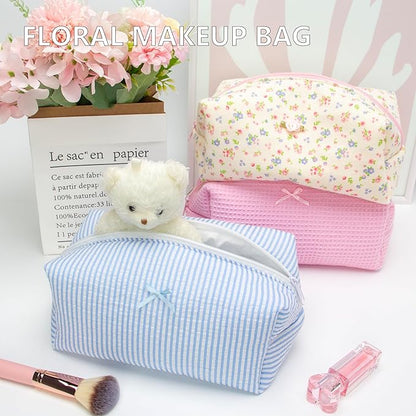 PAZIMIIK 2PCS Cozy Makeup Bag Travel Cosmetic Bag for Women Soft Toiletry Bag Aesthetic Makeup Organizer Portable Large Zipper Pouch for Skincare Beauty Accessories Brushes Stripe Blue