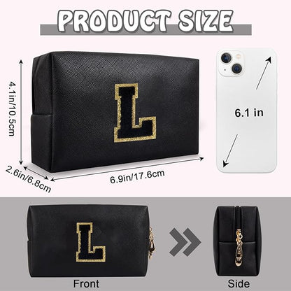 Personalized Initial Preppy Travel Makeup Bag Organizer, Small Black Cute Cosmetic Bag Toiletry Zipper Pouch for Purse, Portable Waterproof PU Make Up Case Birthday Gift for Her Mom Teacher(Letter L)