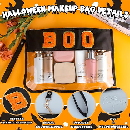 2 Pcs Halloween Gifts Cosmetic Makeup Bag with Boo Chenille Letter Patch, Clear Pouch PVC Organizer Purse, Waterproof Travel Bag, Portable Toiletry Storage Bag for Her Girls Friends Women