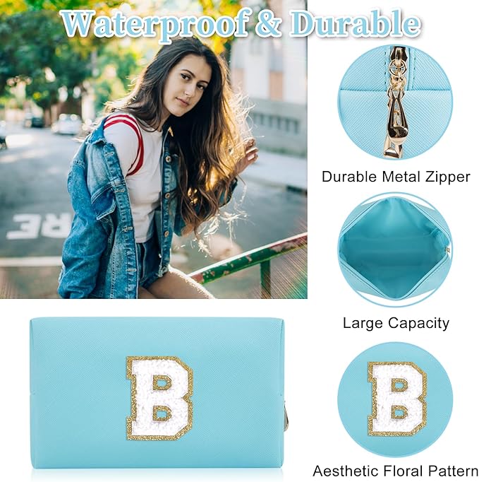 Personalized Initial Letter Patch Makeup Bag, Preppy Portable Chenille Cosmetic Bag with Zipper, PU Leather Waterproof Travel Toiletry Bag Monogram Make Up Pouch for Women Girls