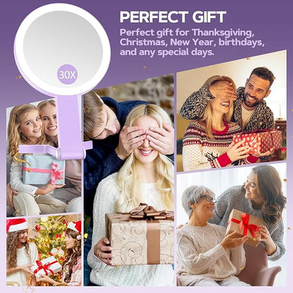 Lighted Makeup Mirror, 30X Magnifying Mirror with Light, Hanging and Handheld Mirror with Handle, Purple