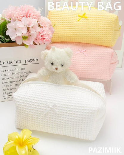 PAZIMIIK 6PCS Cozy Makeup Bag Travel Cosmetic Bag for Women Soft Toiletry Bag Aesthetic Makeup Organizer Portable Large Zipper Pouch for Skincare Beauty Accessories Brushes Waffle Check Cream White