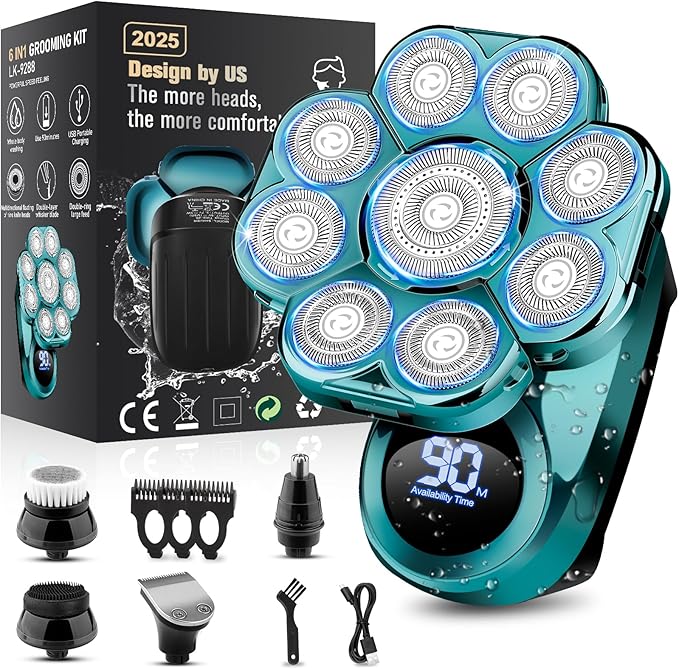 9D Electric Head Shaver for Bald Men, Upgraded 5-in-1 Waterproof Wet/Dry Grooming Kit Electric Shaver for Men, Cordless Rechargeable Bald Head Razor for Home&Travel