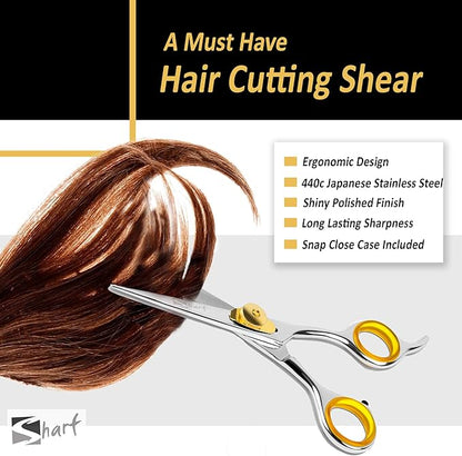 SHARF Professional 5.75” Straight Barber Scissors: Sharp 440c Japanese Stainless Steel Hair Cutting Shears For Men & Women| Gold Touch Series Trimming Scissors w/Easy Grip Handles