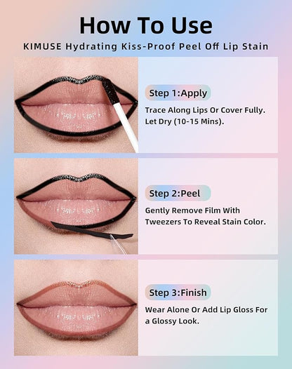 KIMUSE Long-Lasting Lip Stain Peel Off Mask, 12H Smudge-Proof Transfer-Resistant Lip Tint, Vegan & Non-Drying Formula for Bold Matte Finish, Easy Peel Application