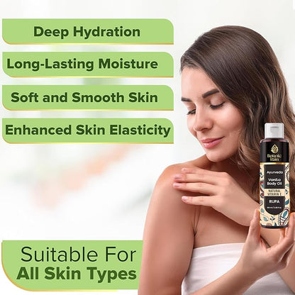 Ayurveda Vanilla Body Oil, Organic, Nourishing, & Hydrating Moisturiser for Dry, Flaky Crepey Skin - Fast Absorbing, Non-Greasy, Ayurvedic for Women & Men – 3.38 fl oz (1)