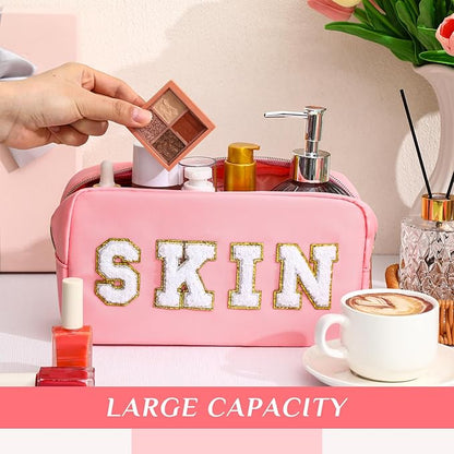 Remerry 4 PCS Nylon Cosmetic Bags Waterproof Spacious Travel Makeup Organizer for Women Chenille Letter Preppy Zipper Pouch Face Stuff Skin Hair Organizer Gift(Pink)