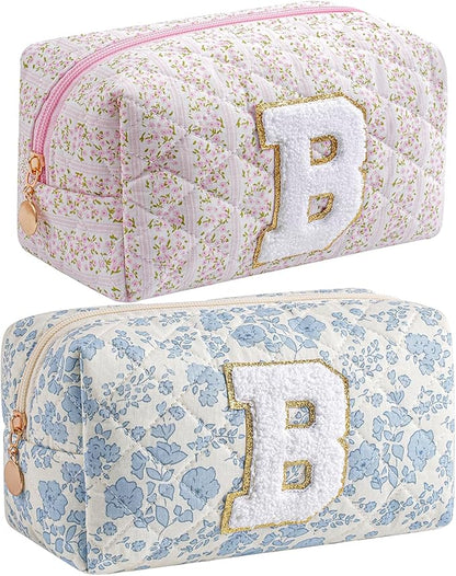 JOVAKIT Makeup Bag Cosmetic Bags for Women, Christmas Gifts for Girls Age 6-18, Alphabet Pink Floral Coquette Zipper Travel Makeup Pouch, Organizer Case Trendy Stuff (Pink+ Blue B)