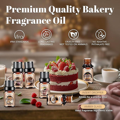 Bakery Essential Oils Set，Premium Fragrance Oil for Diffusers, Scented Oils for Soap & Candle Making, Pumpkin Pie, Apple Pie, S'Mores, Red Velvet Cake, Strawberry Shortcake,Glazed Donut