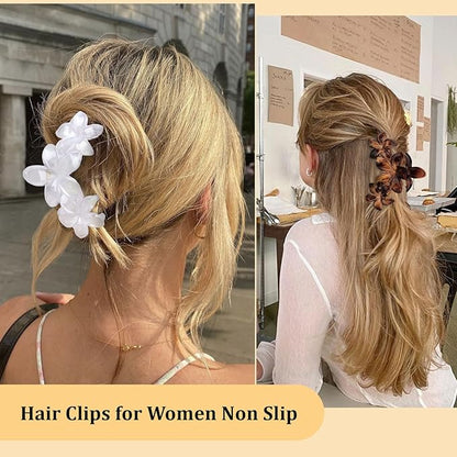 4Pcs Flower Hair Clips Large Matte Hair Claw for Women Non-Slip Strong Hold Clips for Thick Hair, Hair Accessories，Black，White，Leopard
