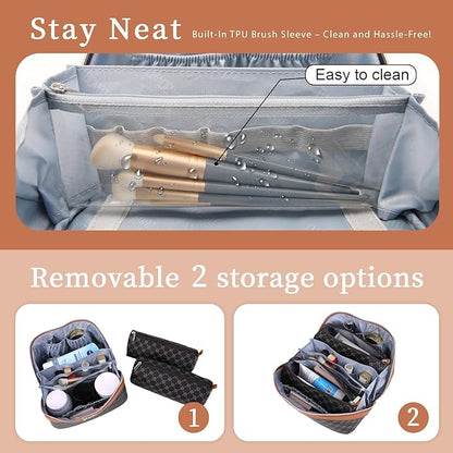 BOYATU Travel Makeup Bag Cosmetic Bags for Women: 3 Pcs Set Large Portable Make up Bag with Handle - Vegan Leather Toiletry Bags with Compartments - Makeup Organizer for Travel Essentials(A-4-Black)