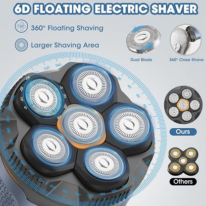6D Electric Head Shaver for Men, Magnetic Wet & Dry Razor Electric Razor Hair Trimmer, IPX6 Waterproof, LED Display, Rechargeable Cordless Grooming Kit