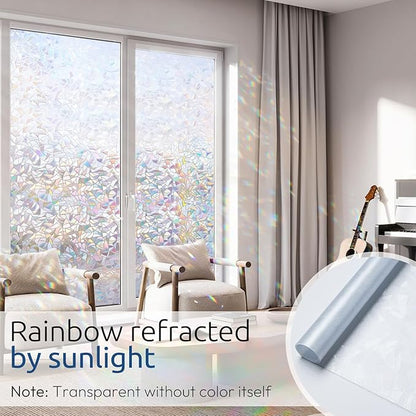 rabbitgoo Window Privacy Film Rainbow Film Decorative Window Sticker, 3D Static Stained Glass Cling Tint for Home Heat Control Non-Adhesive, 23.6 x 78.7 inches