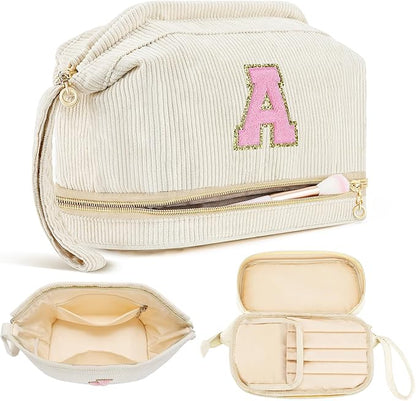 Makeup Bag for Girls Gift, Personalized Christmas Gifts Initial Women Makeup Bag for Travel, Double Layer Cosmetic Bag with Brush Organizer Preppy Make up Bag for Teen Girl Trendy - A