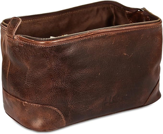 HLC Leather Toiletry Bag for Men - Premium Genuine Leather Dopp Kit Shaving Kit Organizer Travel Kit Pouch Bag - Large Size - Rustic Brown