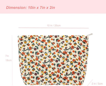 PAZIMIIK Makeup Bag Large Zipper Corduroy Make Up Pouch for Purse Travel Canvas Cosmetic Organizer for Women Brush Storage,Floral White