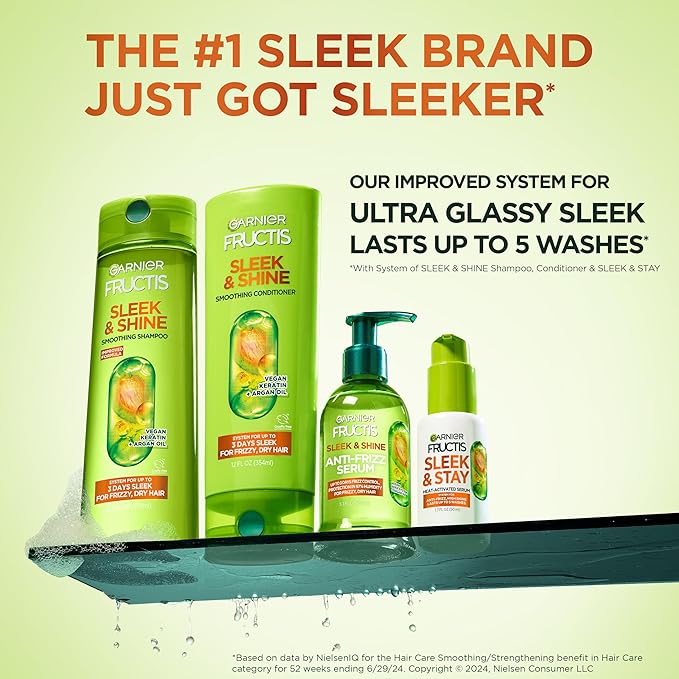 Garnier Fructis Sleek & Shine Anti-Frizz Serum for Frizzy, Dry Hair, Argan Oil, 5.1 Fl Oz, 2 Count (Packaging May Vary)