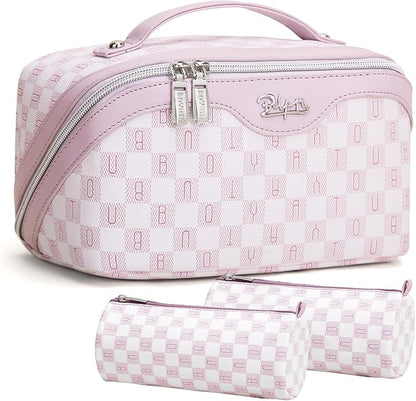 BOYATU Travel Makeup Bag Cosmetic Bags for Women: 3 Pcs Set Portable Make up Bag with Handle - Vegan Leather Toiletry Bags with Compartments - Makeup Organizer for Travel Essentials(C-5-Purple)