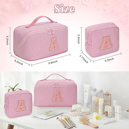 Travel Makeup Bag for Women, 2Pcs Portable Personalized Initial Makeup Organizer Bag, Open Flat Large Cosmetic Bag With Travel Essential Pouch (Pink Letter W)