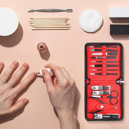 FAMILIFE Nail Kit, Professional Manicure Set Manicure Kit Nail Clipper Set, 13 in 1 Stainless Steel Pedicure Sets Clipper Tool, Men Grooming Tool with Portable Black Leather Travel Case for Him