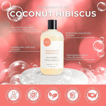 DANI Naturals Moisturizing Body Wash - Tropical Coconut Hibiscus Scent with Organic Aloe Vera & Natural Glycerin - Paraben & Sulfate-Free Shower Gel - 12 oz - Vegan & Cruelty-Free
